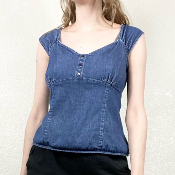 Vintage y2k Loft Denim Cap Sleeve Blouse - Picture 1 of 6